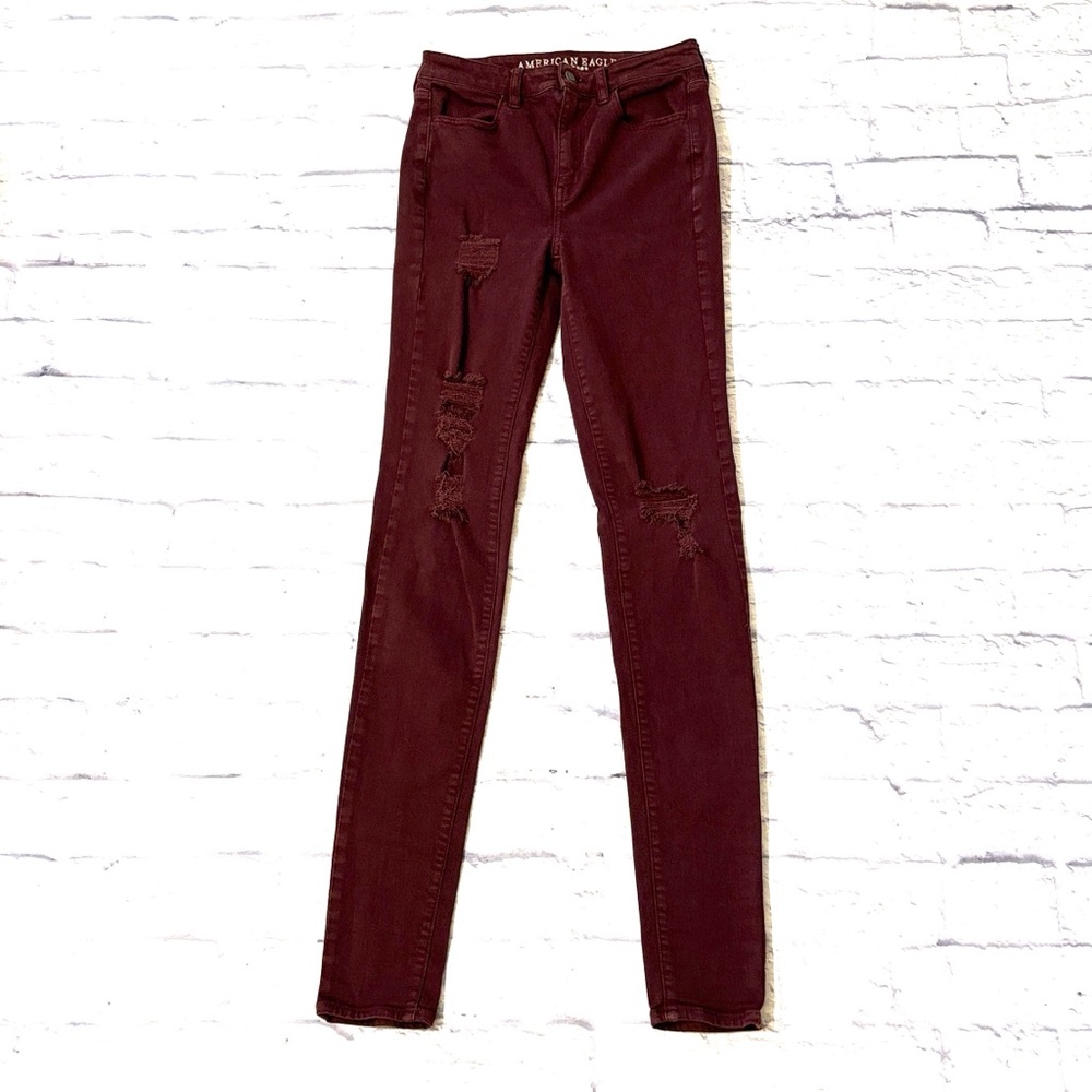 American Eagle Super High Rise Jegging Burgundy Denim Skinny Size 2 X-Long Tall